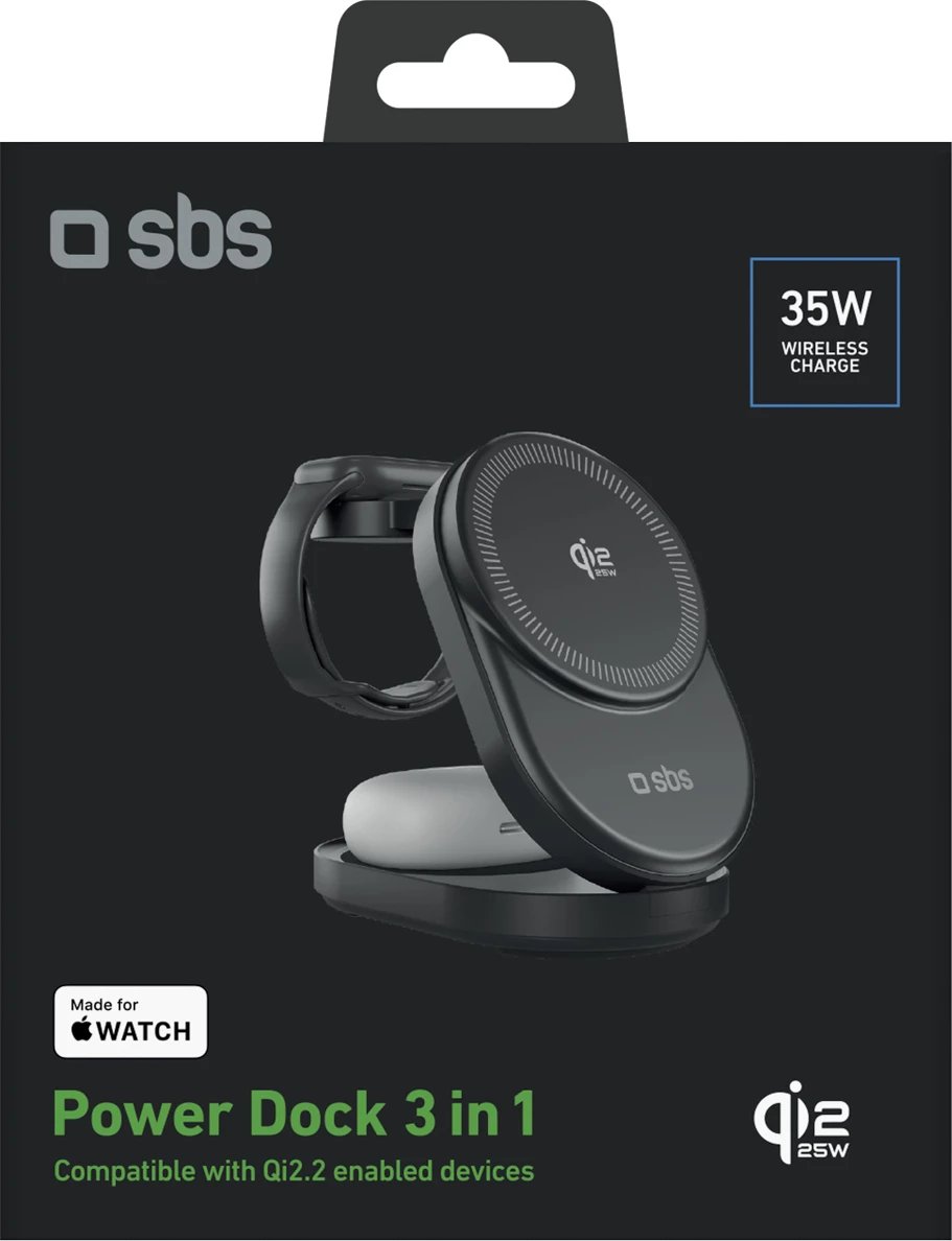 Stacion karikimi pa tel 3‑në‑1 i palosshëm, SBS, Qi2.2 25W, MFI, USB‑C, i zi