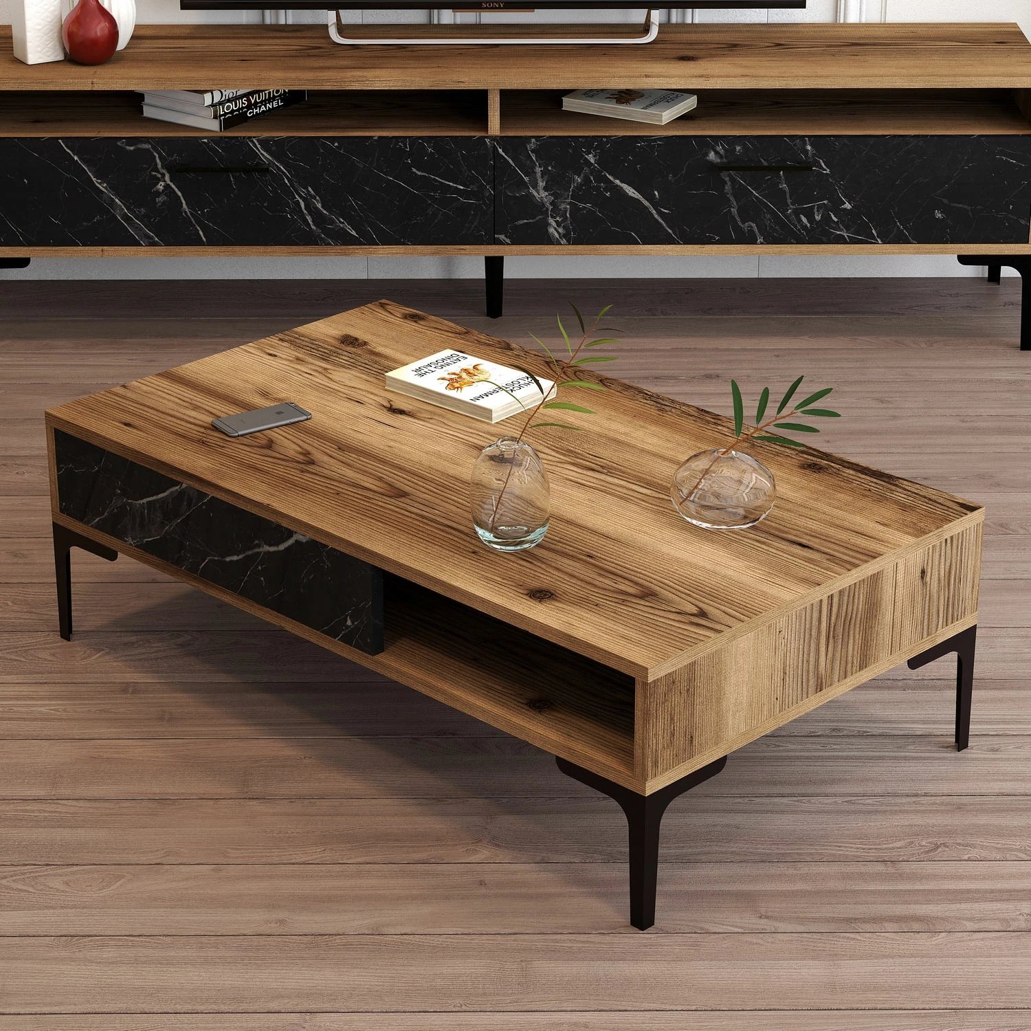 Tavolinë kafeje Hanah Home, Istanbul, ngjyrë arre, mermer i zi