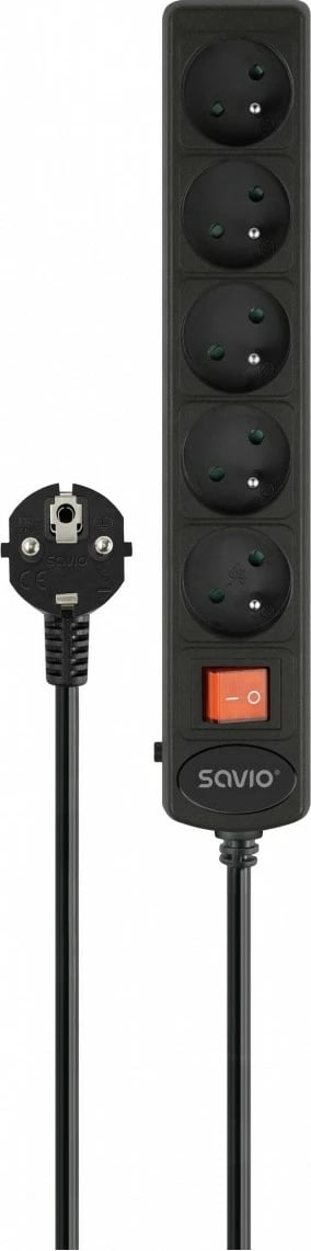 Prizë zgjatëse me mbrojtje nga rryma, Savio LZ-16, 5 dalje të tokëzuara Type E, kabllo 1.8 m, siguresë automatike, ndërprerës ON/OFF, 2500 W, prizë Schuko, e zezë