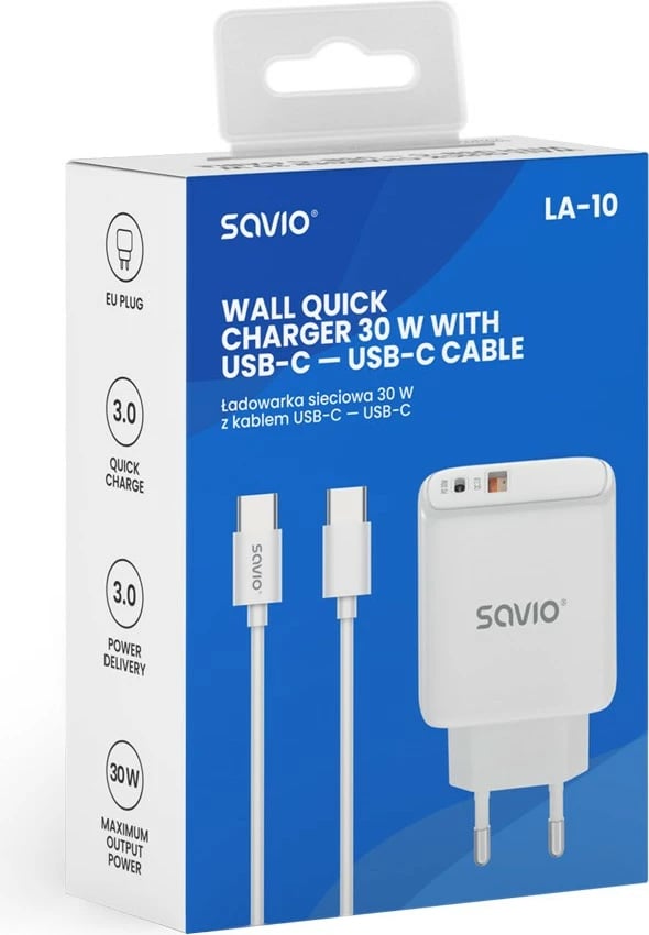 Karikues muri Savio LA-10 me kabllo USB-C 30W, Bardhë