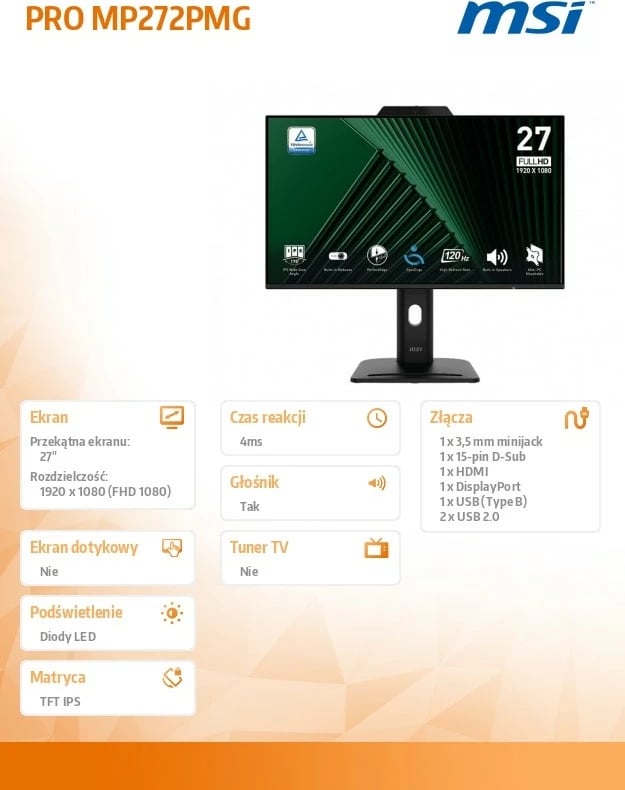 Monitor MSI PRO MP272PMG, 27", IPS, Full HD, 120Hz, i zi