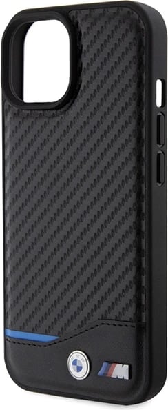 Mbështjellës BMW Leather Carbon për iPhone 15, i zi