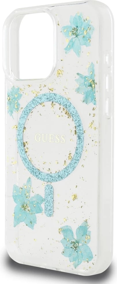 Mbështjellës Guess Resin Flowers Glitter MagSafe për iPhone 16 Pro Max, Transparent/Kaltër Mbështjellës Guess Resin Flowers Glitter MagSafe për iPhone 16 Pro Max, Transparent/Kaltër