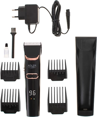 Makinë qethëse Adler AD 2832, teh qeramik/çelik, pa/kabllo, LCD, 1.5 orë punë, turbo, 4 krehra 3–12 mm, e zezë