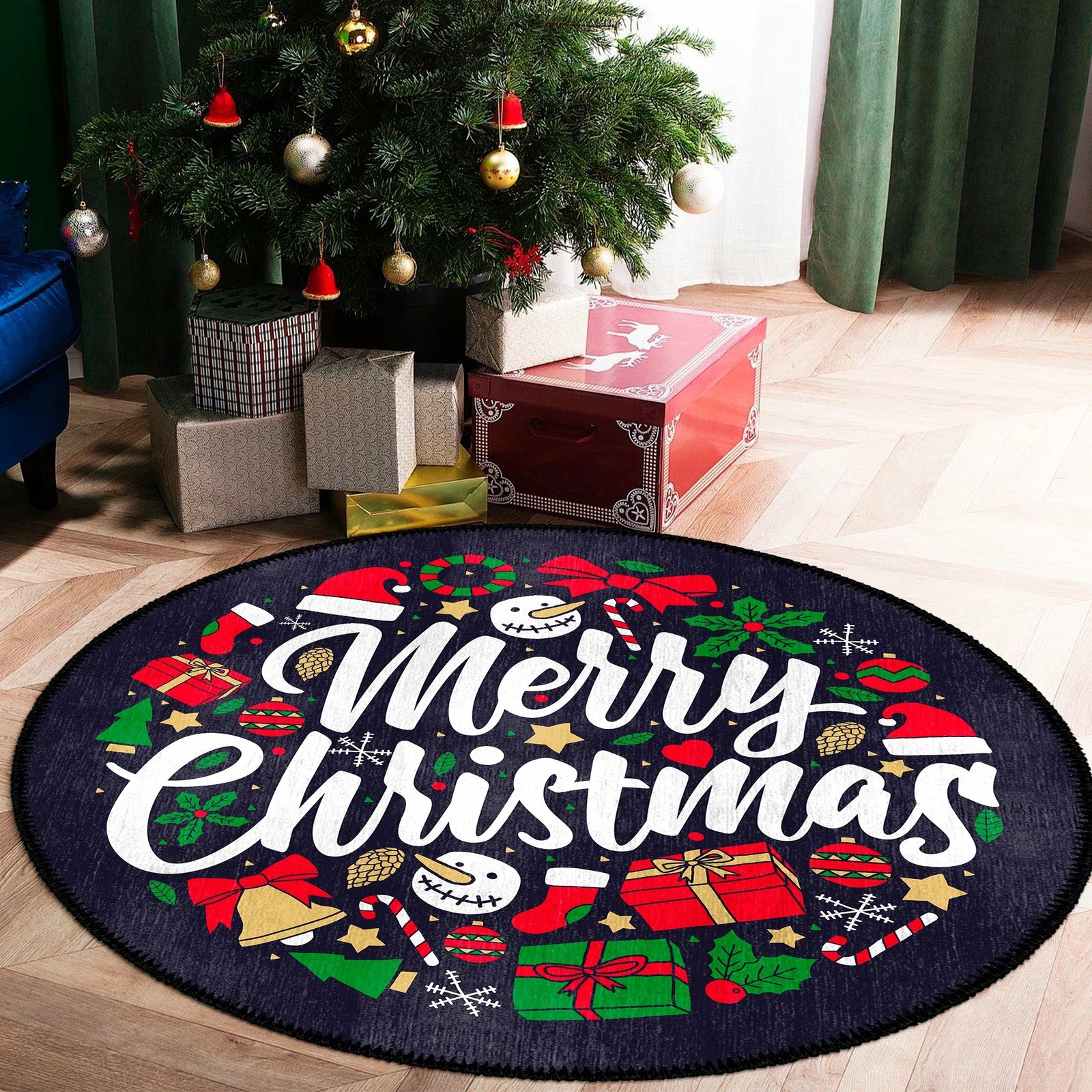 Qilim i rrumbullakët, shumëngjyrësh, motiv Krishtlindjesh, 110x110cm, Conceptum Hypnose, Woobtny0333