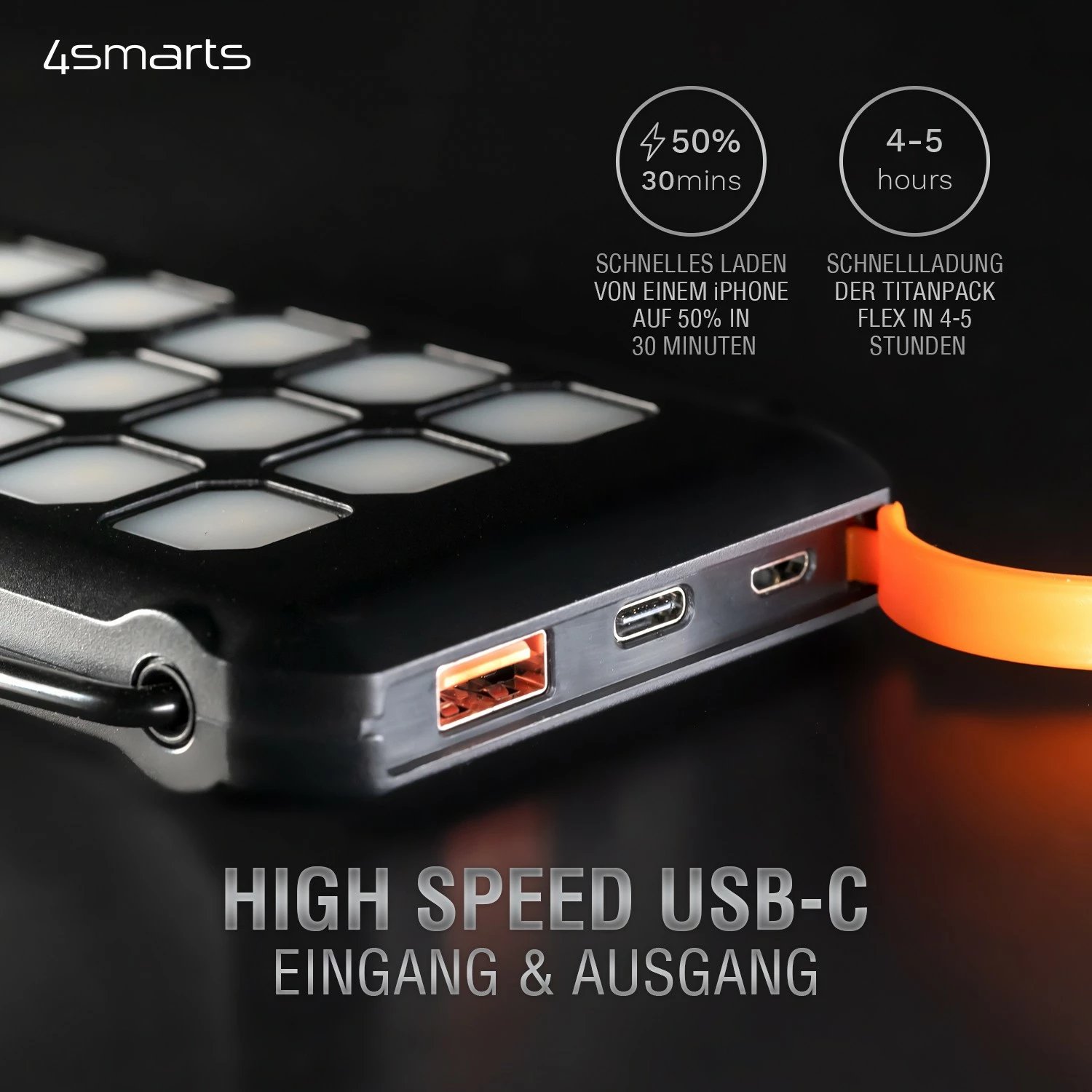 Powerbank 4smarts TitanPack Flex 10000 mAh, Quick Charge 3.0, e zezë, portokalli