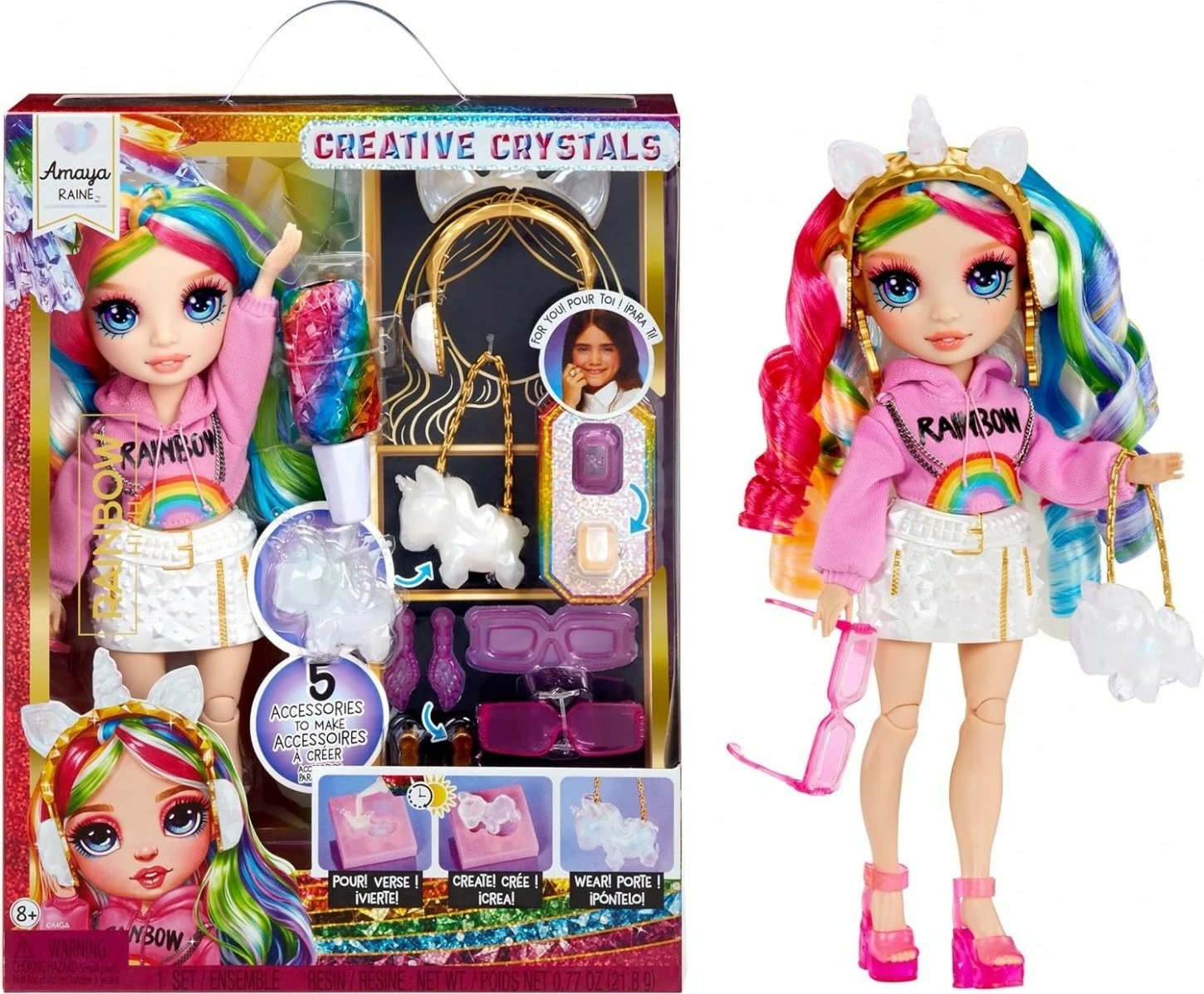 Kukull Rainbow High Creative Crystals Amaya me aksesorë personalizues, shumëngjyrëshe