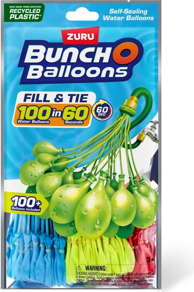 Balona uji ZURU Bunch O Balloons, set 100 copë, Blu/Kuqe/Verdhë