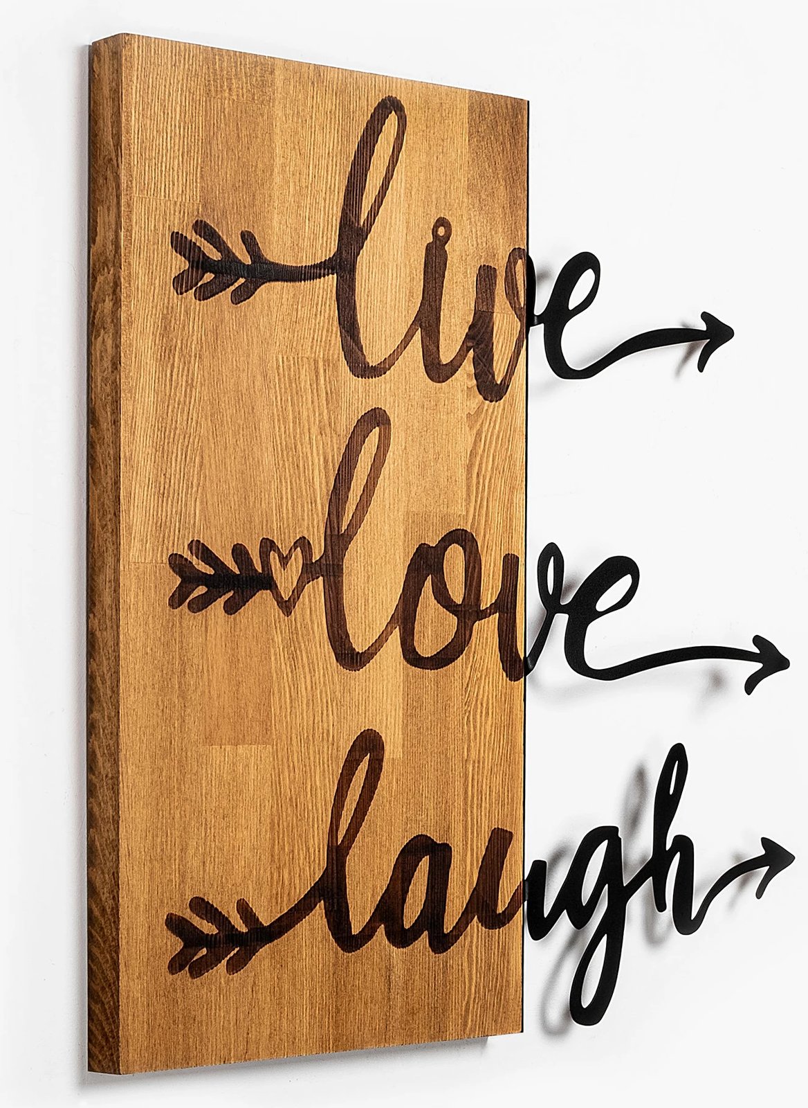 Aksesor dekorativ prej druri për mur, Wallity, Live Love Laugh, ngjyrë arre dhe e zezë, 55x58cm