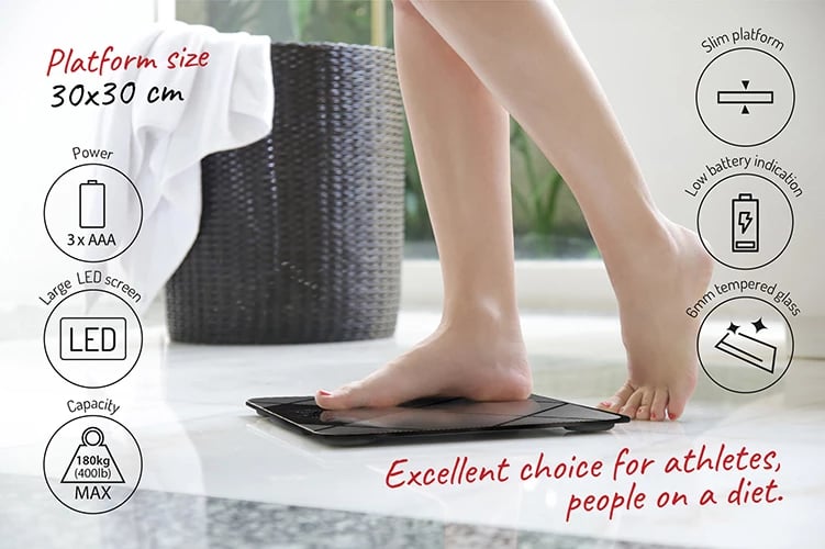 peshore banjoje elektronike, Adler AD 8169, kapacitet 180 kg, ekran LED, platformë xhami e temperuar 30x30 cm, graphite-black