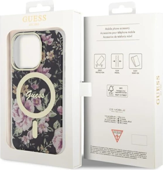 Mbështjellës Guess GUHMP14LHCFWSK për iPhone 14 Pro 6.1", Flower MagSafe, zi