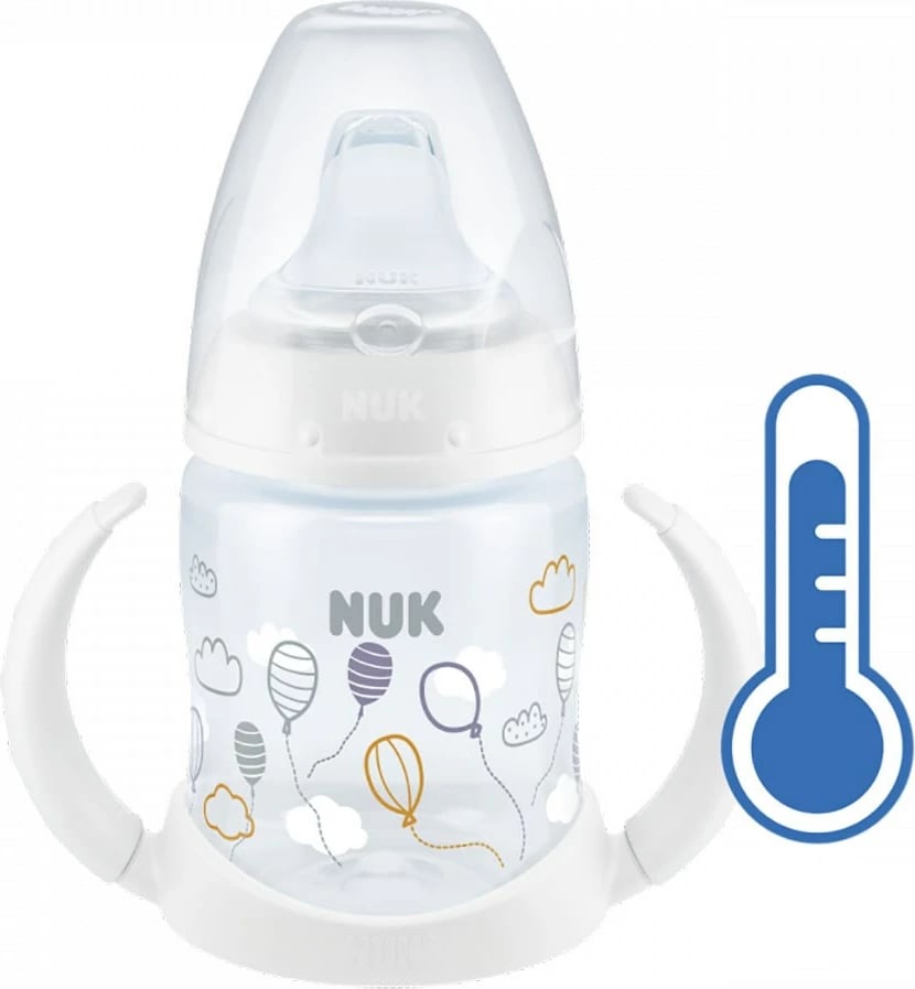 Shishe mësimi, NUK First Choice, 150 ml, kontroll temperature, grykë silikoni, 6–18 muaj, bardhë
