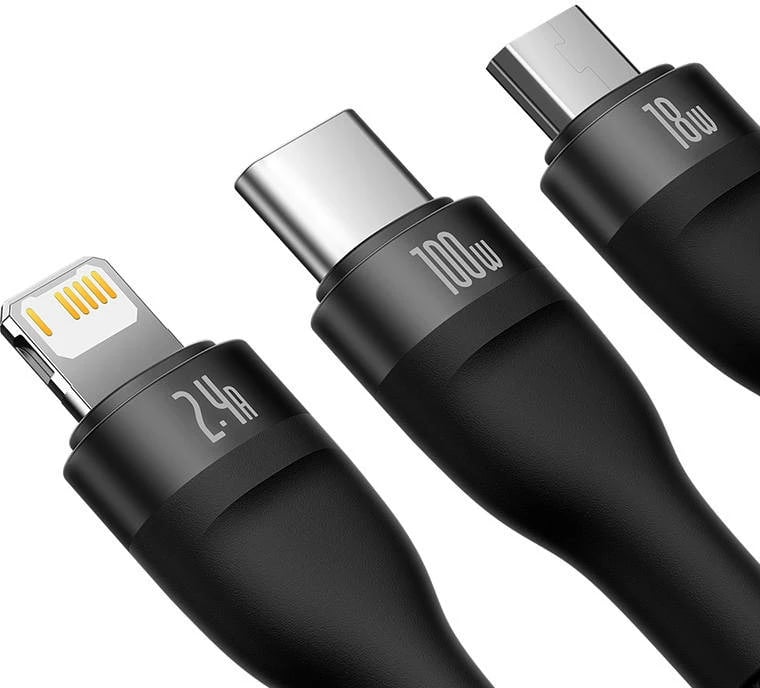 Kabllo 3-në-1 Baseus Flash Series, 1.2m, 100W, USB-C + micro USB + Lightning, e zezë Kabllo 3-në-1 Baseus Flash Series, 1.2m, 100W, USB-C + micro USB + Lightning, e zezë