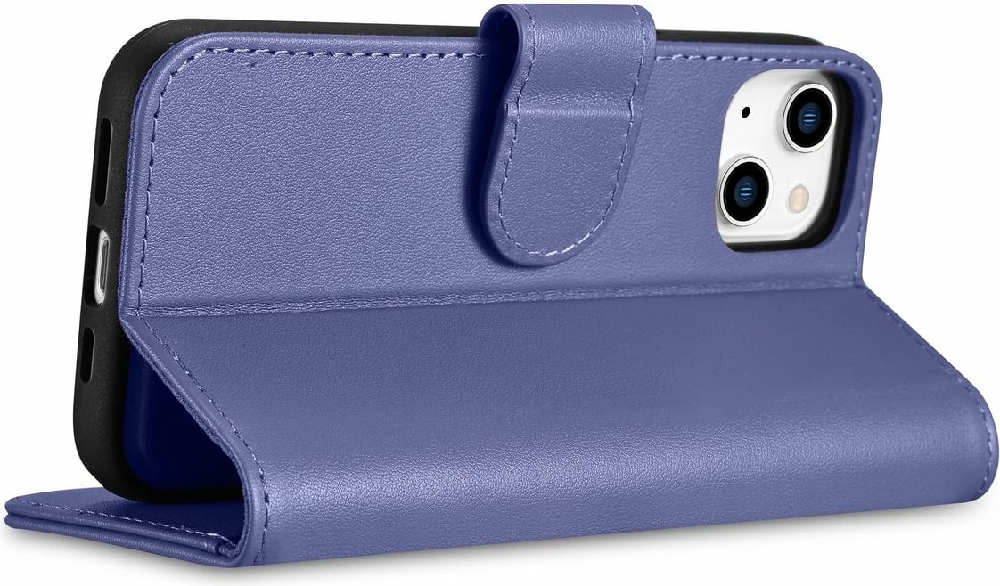 Mbështjellës iCarer Wallet Case 2in1 për iPhone 14 Plus, lëkurë natyrale, Anti-RFID, Vjollcë e çelët