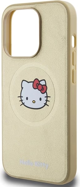 Mbështjellës Hello Kitty Leather Kitty Head MagSafe për iPhone 15 Pro, lëkurë artificiale, ari