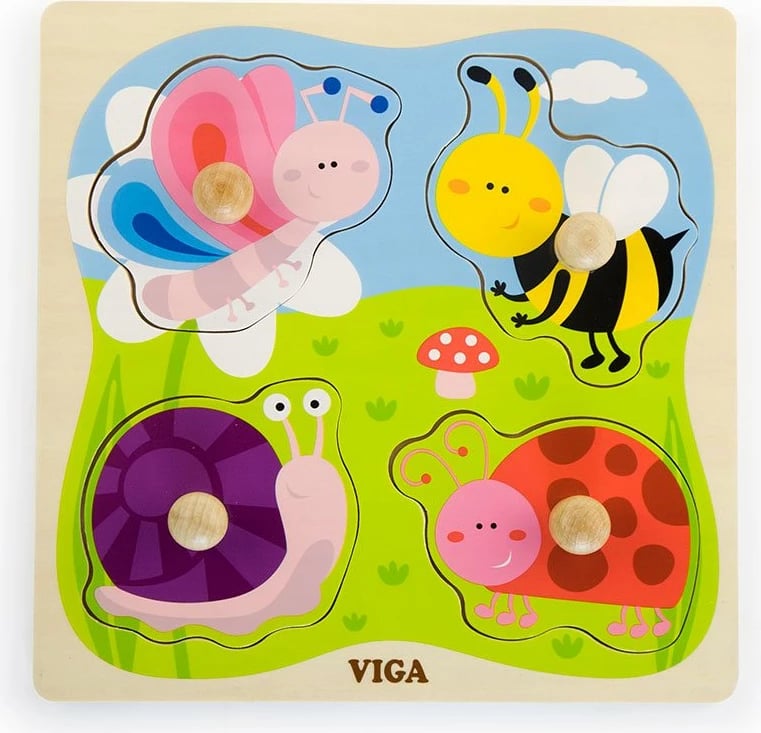 Puzzle druri me kunja, Viga, Insect Peg, 4 copa, 225x225 mm, shumëngjyrësh