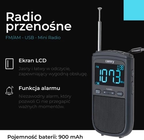 Radio portative, Camry CR 1905, AM/FM, ekran LCD, USB-C, 20 stacione, alarm, bateri 900 mAh