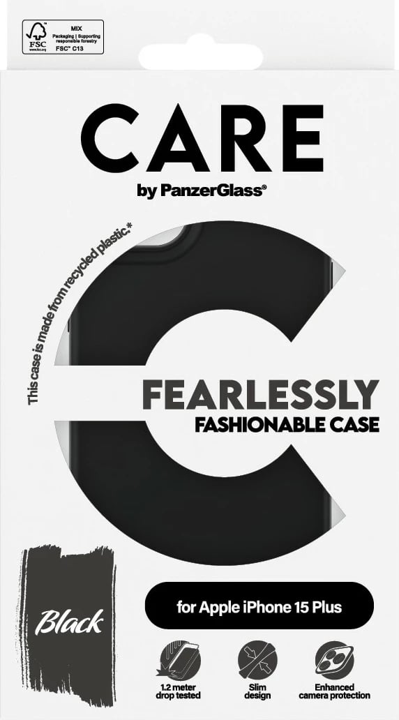 Mbështjellës PanzerGlass CARE Case Fashion për iPhone 15 Plus, e zezë
