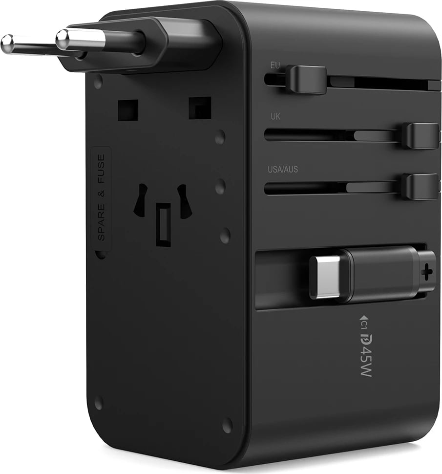 Adapter udhëtimi Choetech PD5021, 45W, me kabllo USB-C të integruar, 4 porta, i zi
