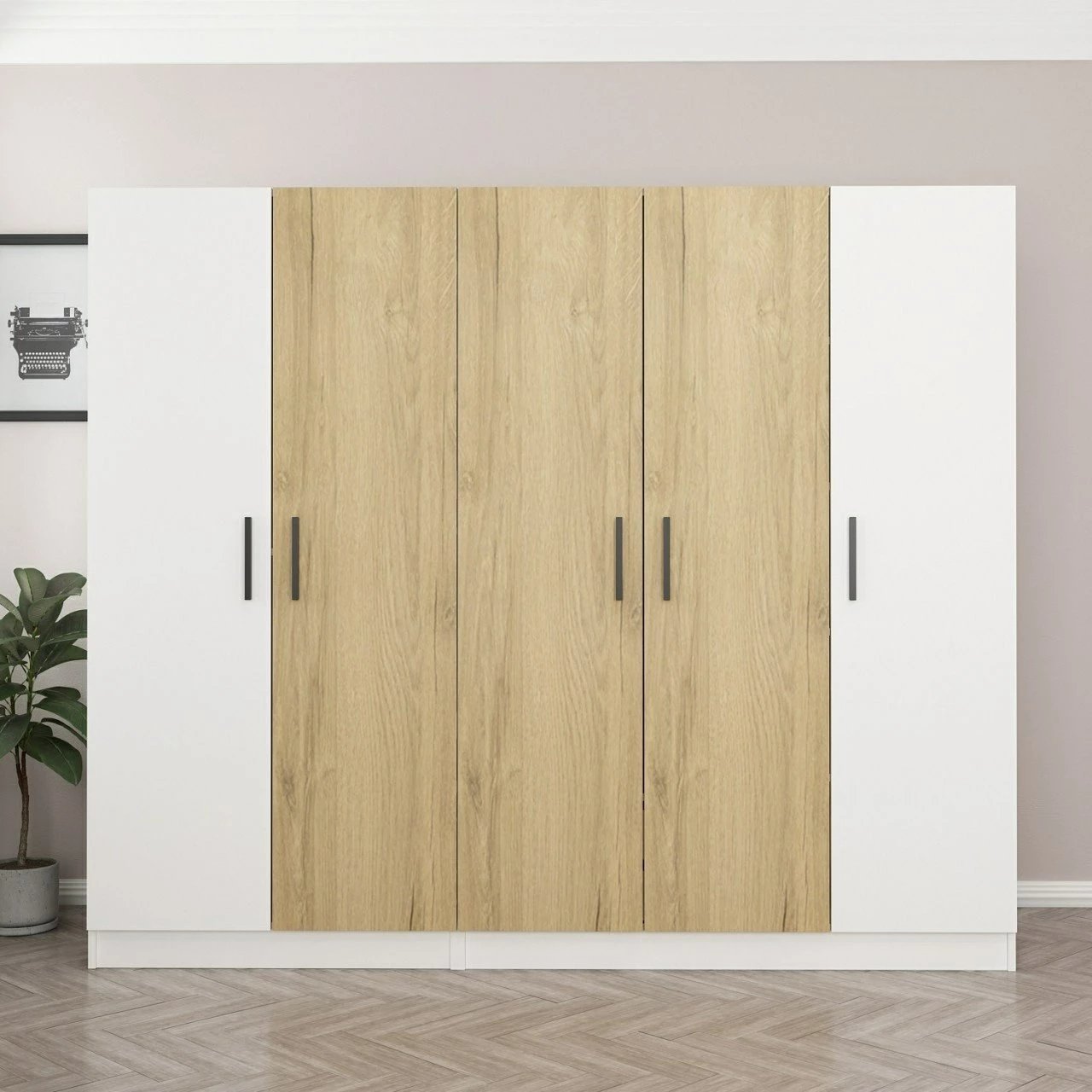 Dollap Hanah Home, Kale - 3110, ngjyrë e bardhë dhe dru natyral, 225x190x52cm