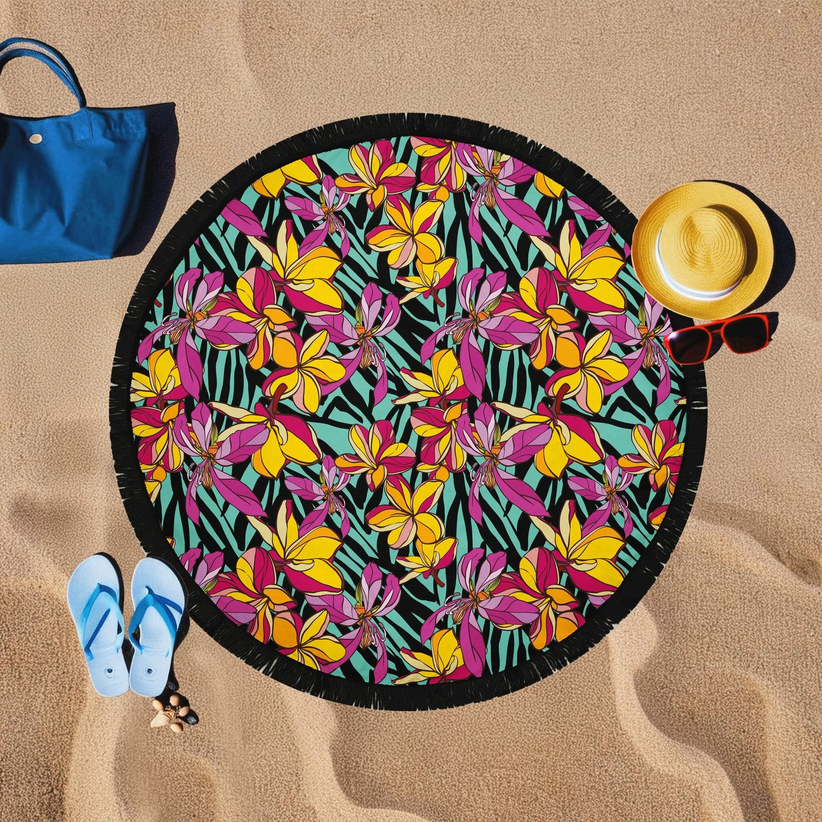 Peshqir plazhi Mijölnir, me lule shumëngjyrëshe, 150x150cm