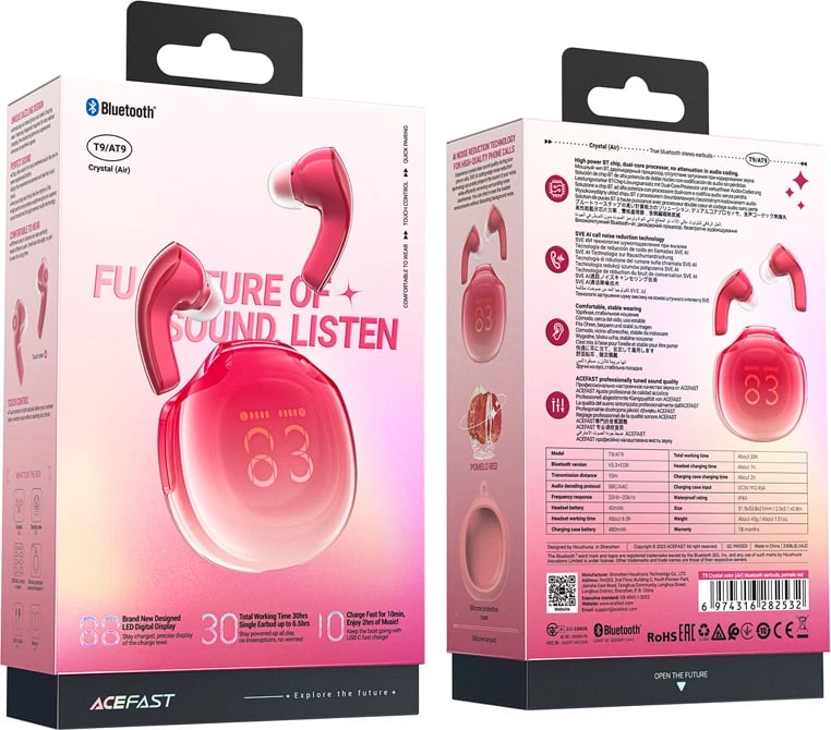 Kufje Acefast T9, wireless, Bluetooth 5.3, me ekran LED, të kuqe