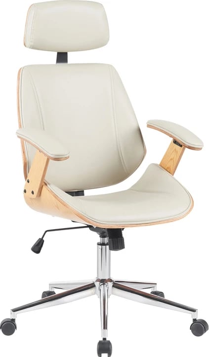 Karrige zyre regjisori Fetseno, lëkurë PU bezhë, bazë kromi, 53x56x113.5-123.5cm