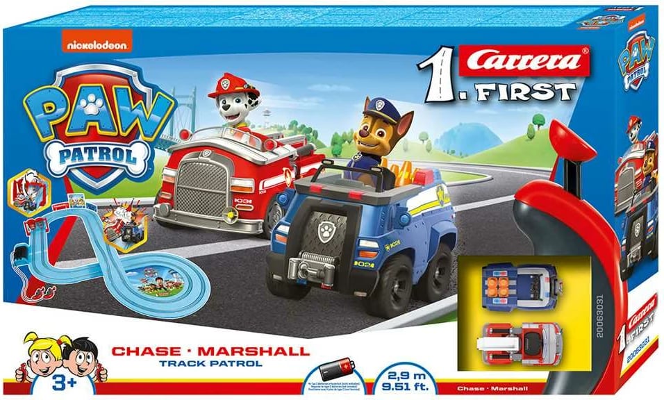 Set pistë garash Carrera FIRST Paw Patrol 2.9 m, shkallë 1:50, me 2 makina dhe 2 kontrollues, me bateri, multikolor