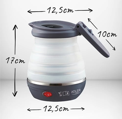 Çajnik elektrik udhëtimi, Adler AD 1279, 0.6 L, silikon palosës, 750W, gri