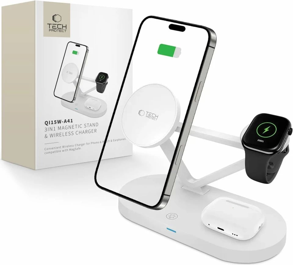 Karikues wireless 3-në-1 Tech-Protect QI15W-A41 me MagSafe, i bardhë