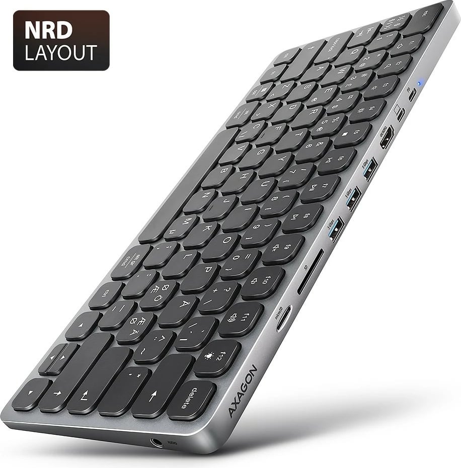 Tastierë AXAGON HMC-KB-NRD me USB-C 5Gbps, hub 9-në-1, layout nordik, Gri