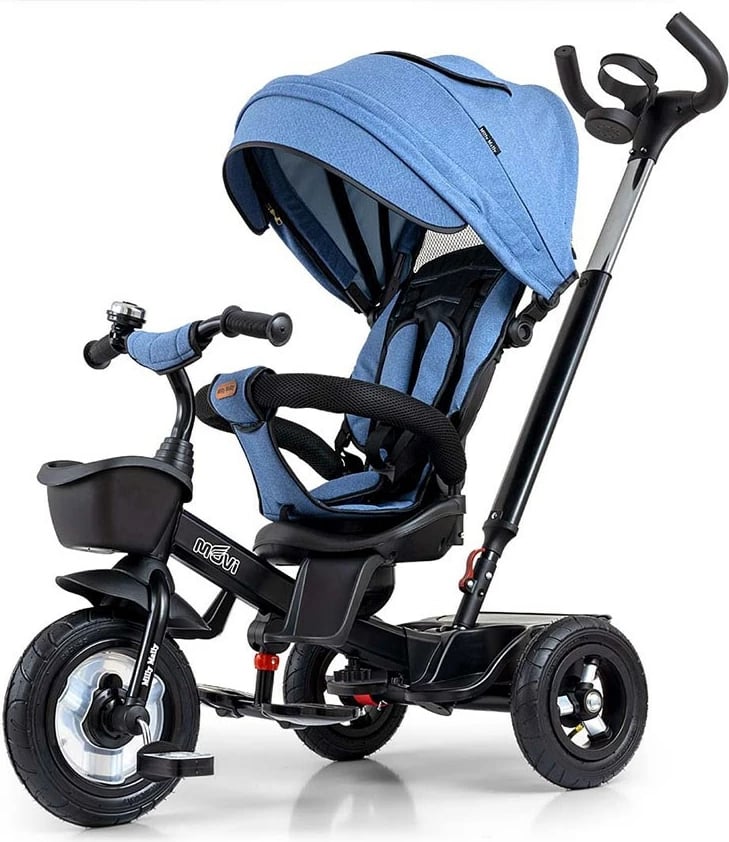Tricikël me dorezë shtytëse, Milly Mally Movi, sedilje 360°, rrota të fryra, rripa 3‑pikësh, blu