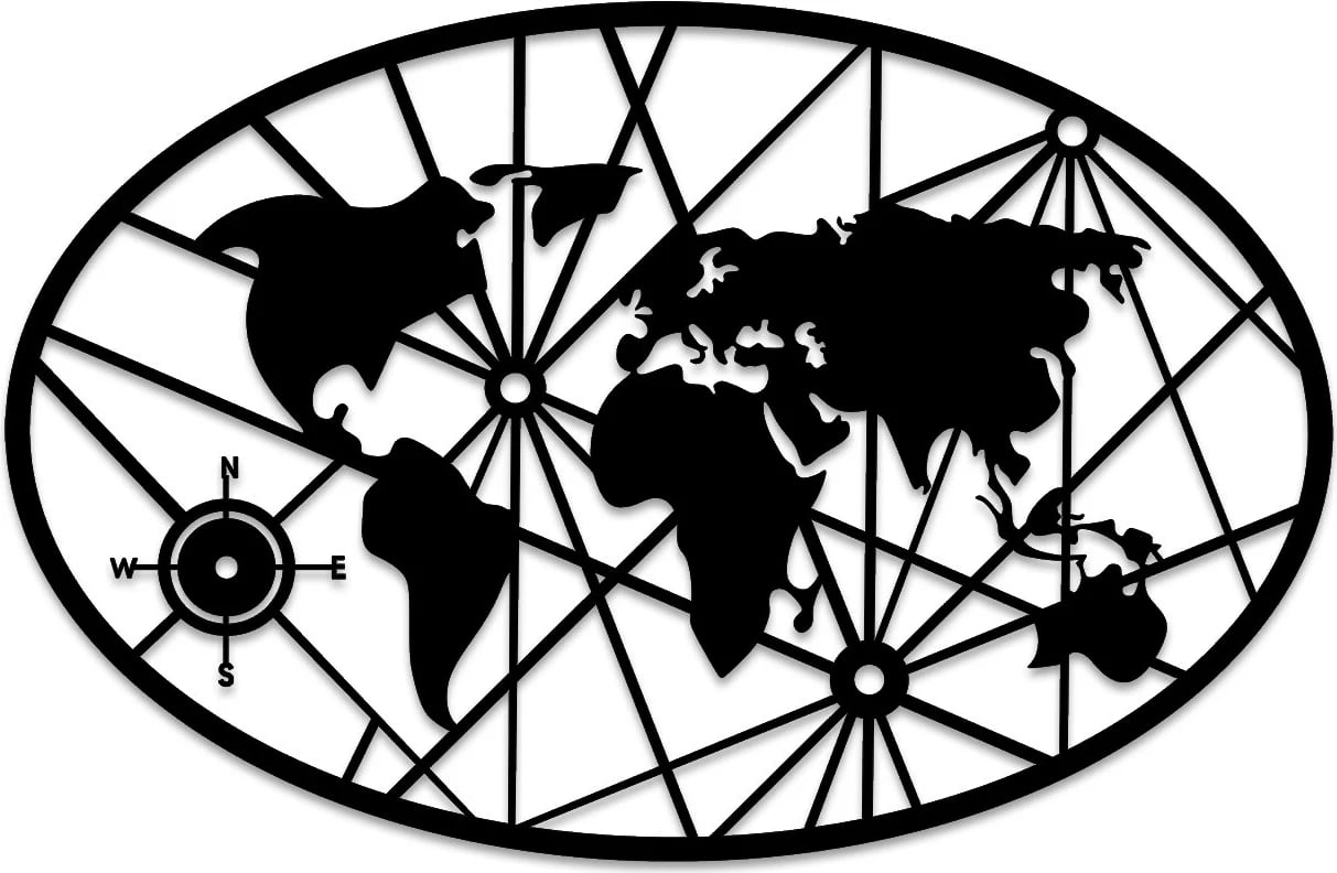 Aksesor dekorativ metalik për mur, hartë bote, Wallity, 50x77cm, ngjyrë e zezë