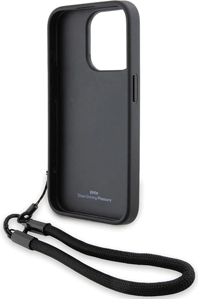 Mbështjellës BMW Signature Leather Wordmark Cord për iPhone 15 Pro, lëkurë, i zi