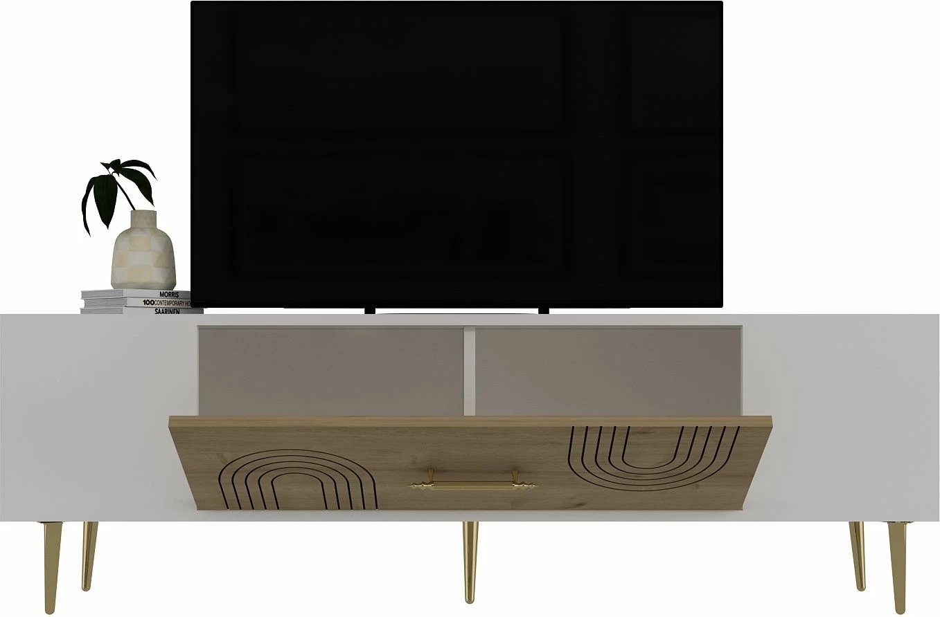 Komodë TV Skye Decor, e bardhë, lis safir, e artë, Dekol2