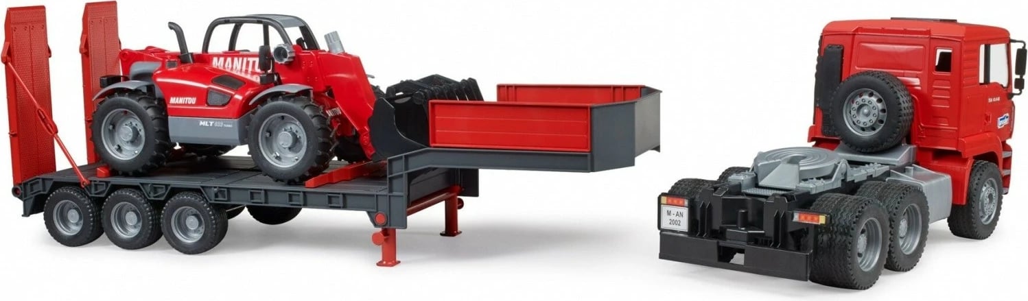 Kamion lodër BRUDER MAN TGA me rimorkio dhe ngarkues teleskopik Manitou, 1:16, Kuq