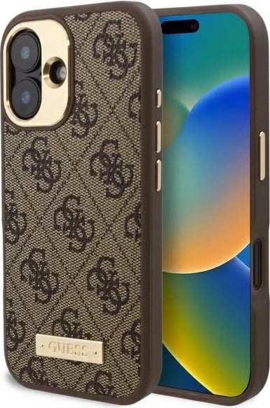 Mbështjellës Guess 4G Logo Plate MagSafe për iPhone 16 Plus, Kafe
