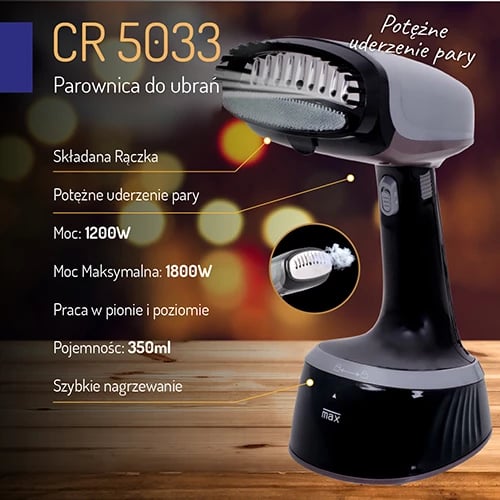 Hekur me avull rrobash, Camry, CR 5033, 1200W (max 1800W), 15 g/min, depozitë 350 ml, dore palosëse, gri/zezë