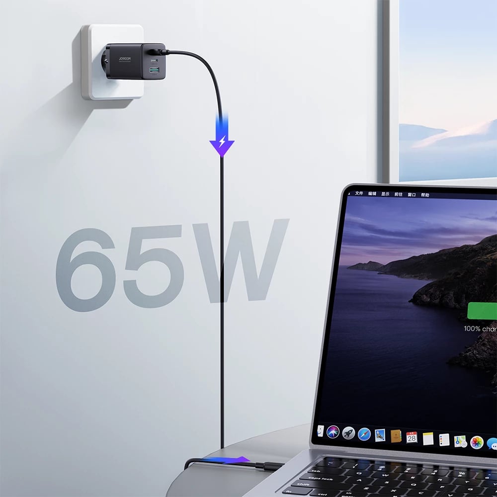 Karikues i shpejtë GaN Joyroom TCG01, 65W, 2x USB-C & 1x USB-A, me kabllo USB-C në USB-C 100W, i zi