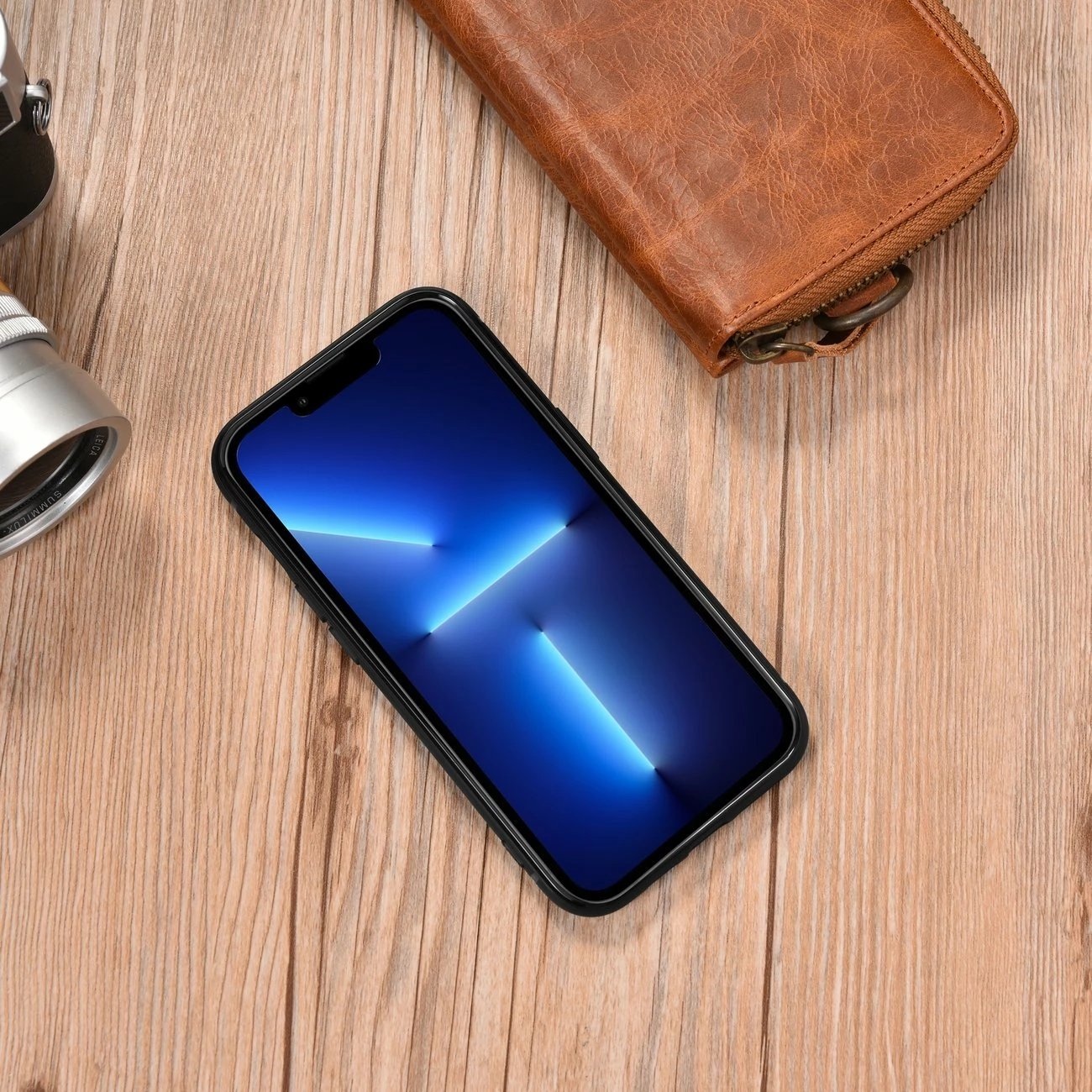Mbështjellës iCarer për iPhone 14 Plus, lëkurë natyrale, Blu