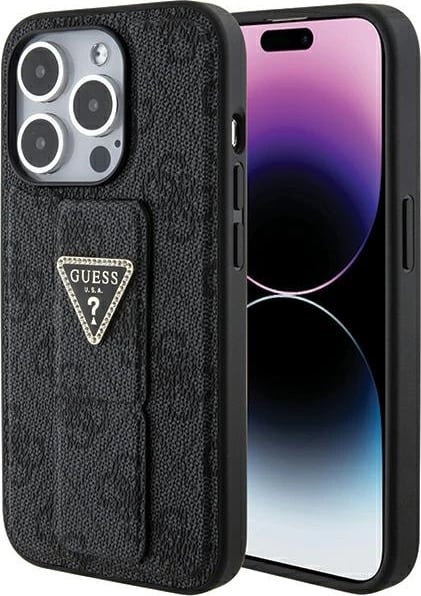 Mbështjellës Guess Grip Stand 4G Triangle Strass për iPhone 15 Pro Max, i zi