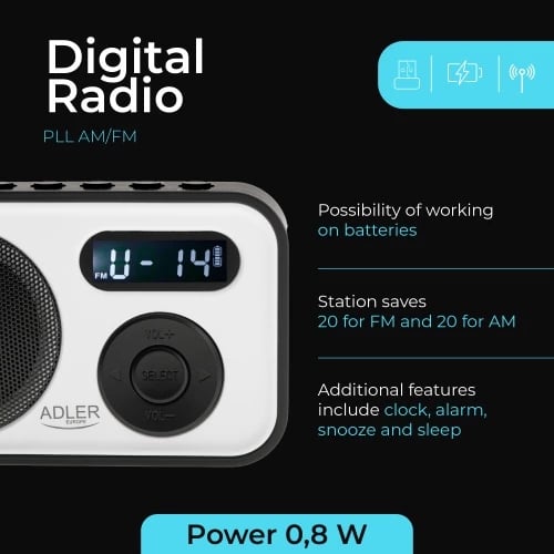 radio digjitale PLL AM/FM Adler AD 1906, LCD, 20+20 memorje, USB‑C, dalje kufje 3.5 mm, 0.8 W, bardh e zi