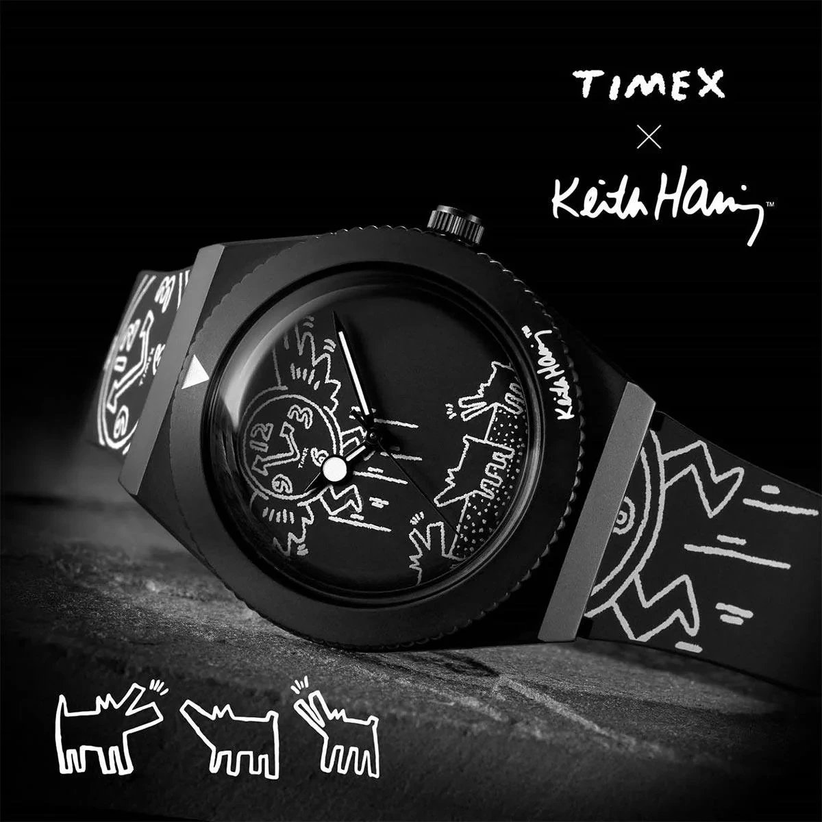 Orë dore për meshkuj TIMEX Q X Keith Haring, e zezë