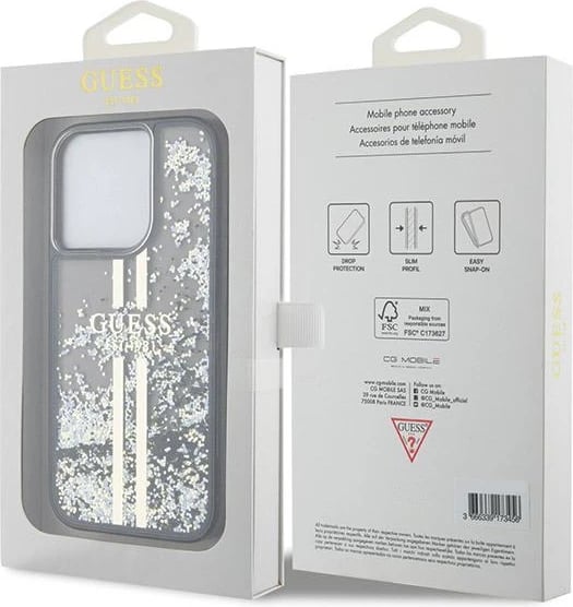Mbështjellës Guess Liquid Glitter Gold Stripes për iPhone 15 Pro, i zi Mbështjellës Guess Liquid Glitter Gold Stripes për iPhone 15 Pro, i zi