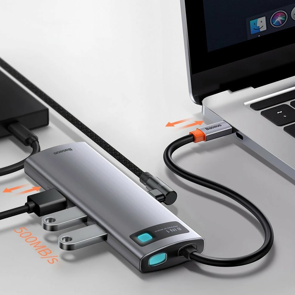 HUB Baseus Metal Gleam 8in1, USB-C, HDMI 4K, RJ45, 100W PD, Gri