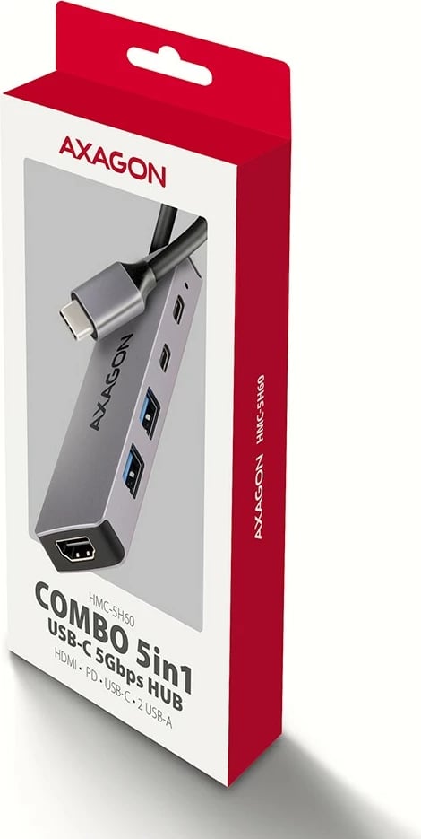 Kasë AXAGON HMC-5H60 multiport USB 5in1, 5Gbps, 2x USB-A, HDMI 4K/60Hz, 1x USB-C, PD 100W, 15cm, Gri
