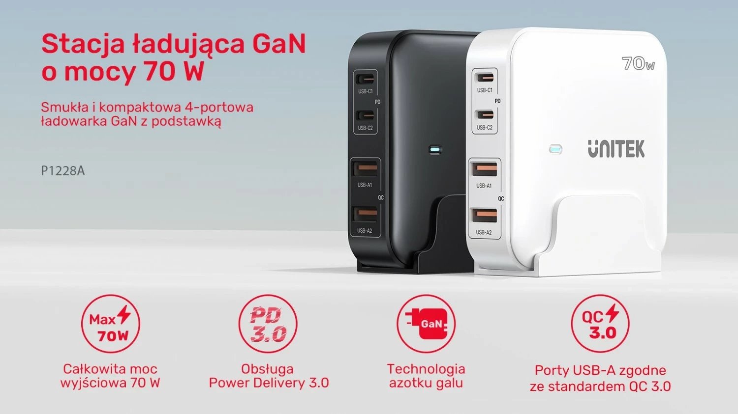 Karikues tavoline Unitek GaN 70W 2xUSB-A 2xUSB-C Karikues tavoline Unitek GaN 70W 2xUSB-A 2xUSB-C