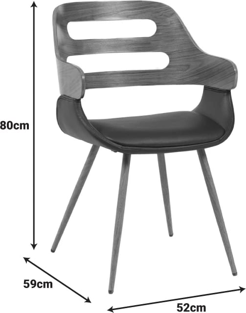 Karrige Fern, lëkurë PU e zezë, dru arre, 52x59x80cm