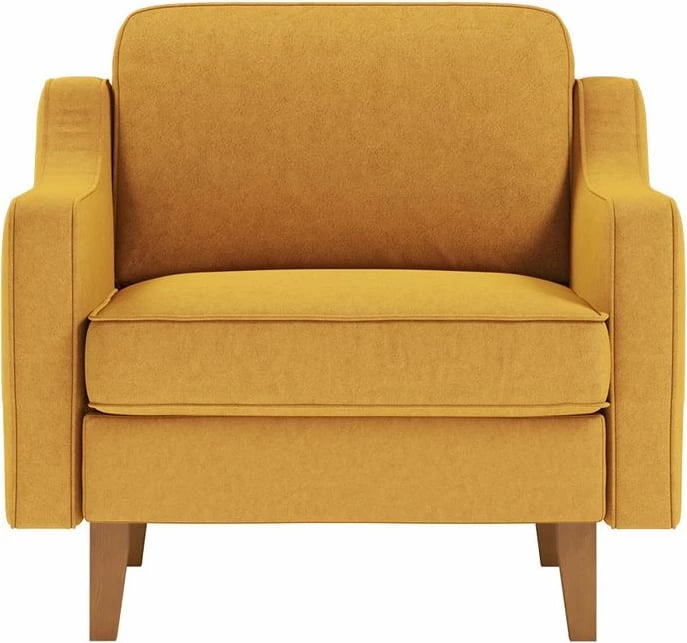 Karrige një vendëshe Robin, ngjyrë mustardë, këmbë druri arre