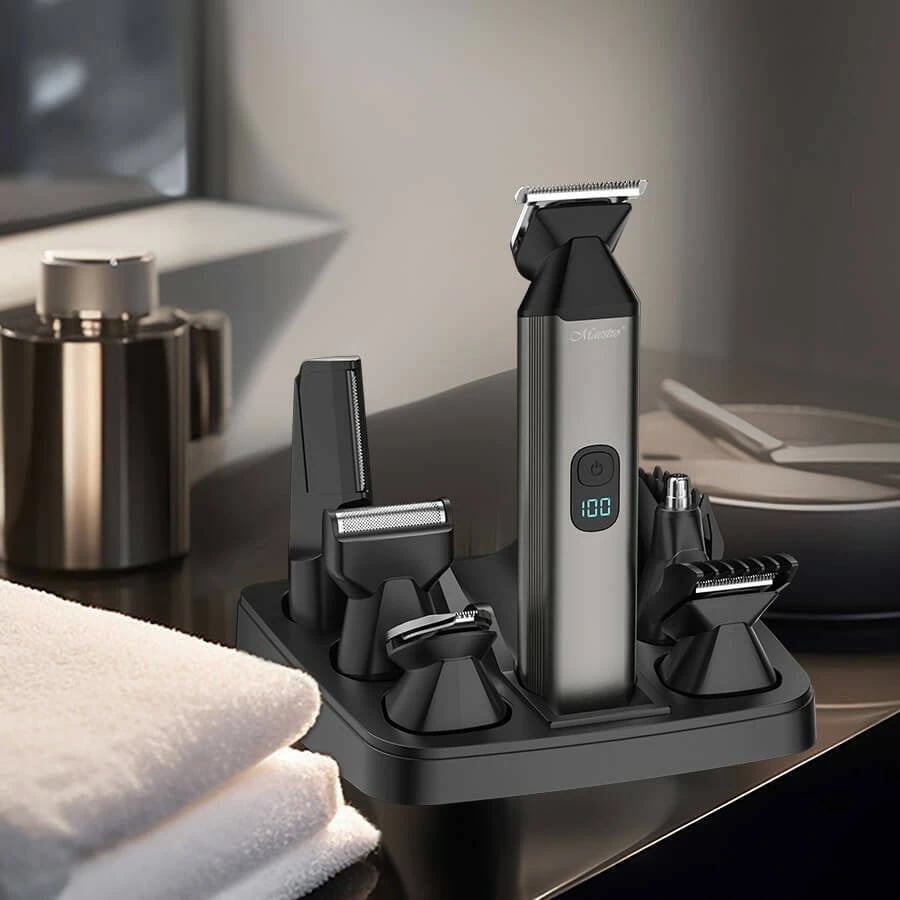 Set trimmer 6-në-1 Feel-Maestro MR-661, bateri 100 min, karikim USB-C, tehe çelik inoksi, wet & dry, e zezë/gri